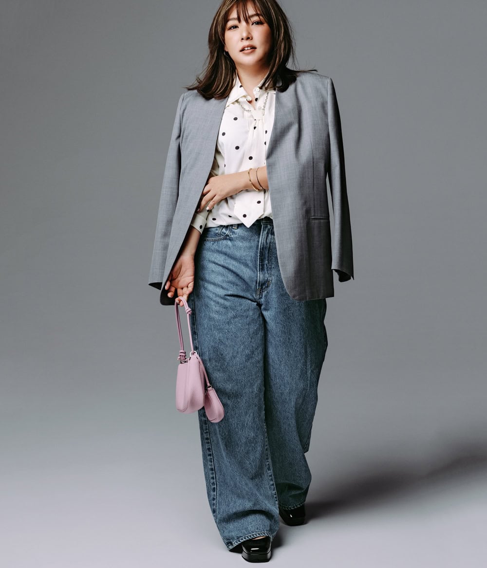 野呂佳代 デニムパンツ グレージャケット タイ付きドットシャツ コーデ