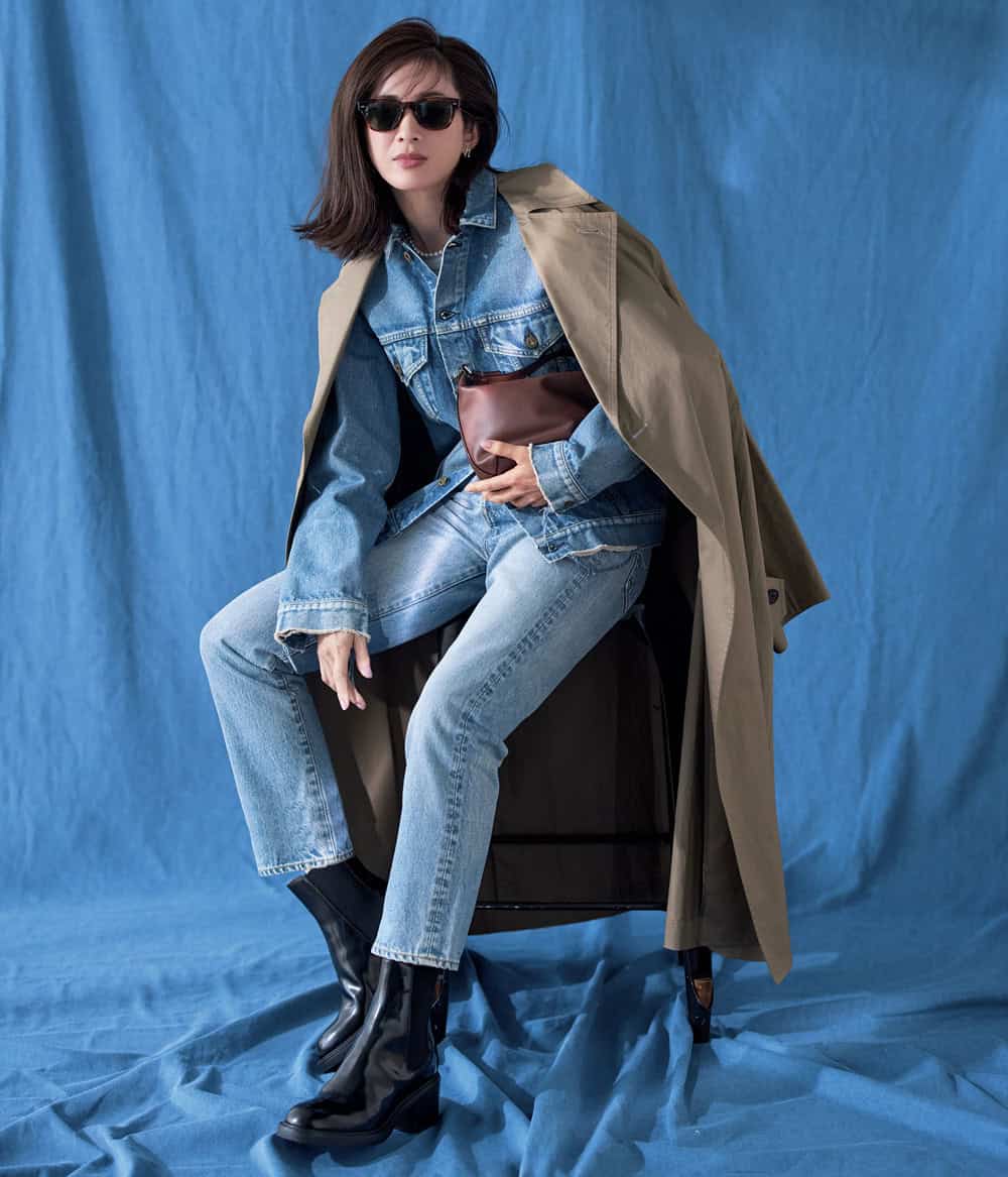 高垣麗子 デニムジャケット デニムパンツ トレンチコート コーデ