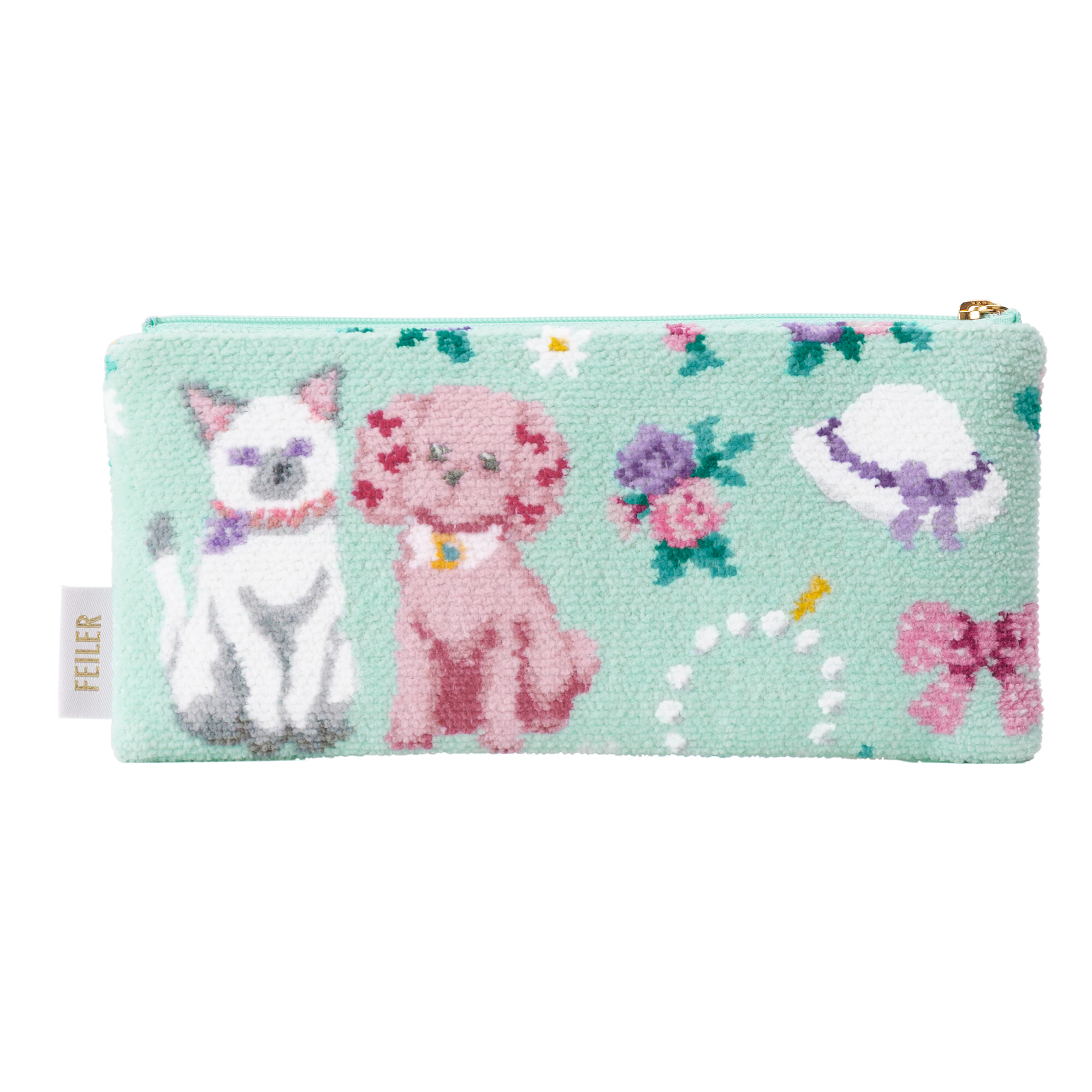 水色に犬と猫の柄のシュニール織の長方形のポーチ