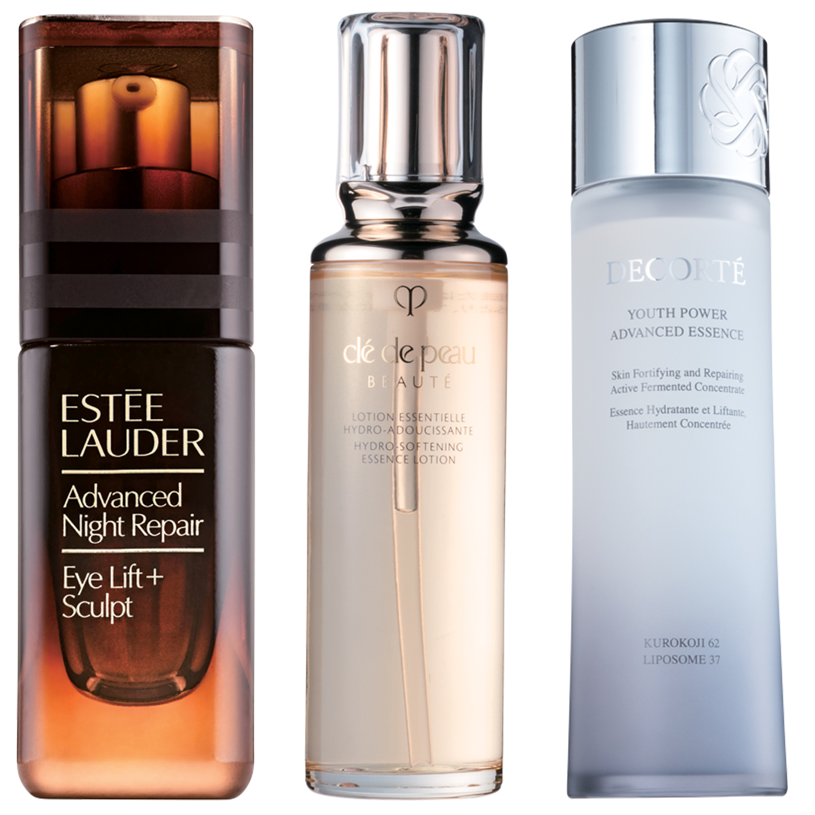 左から、エスティローダー　アドバンス ナイト リペア LS アイ セラム、クレ・ド・ポー ボーテ　ローションエサンシエルA（モイスト）、コスメデコルテ　ユース パワー エッセンスローション