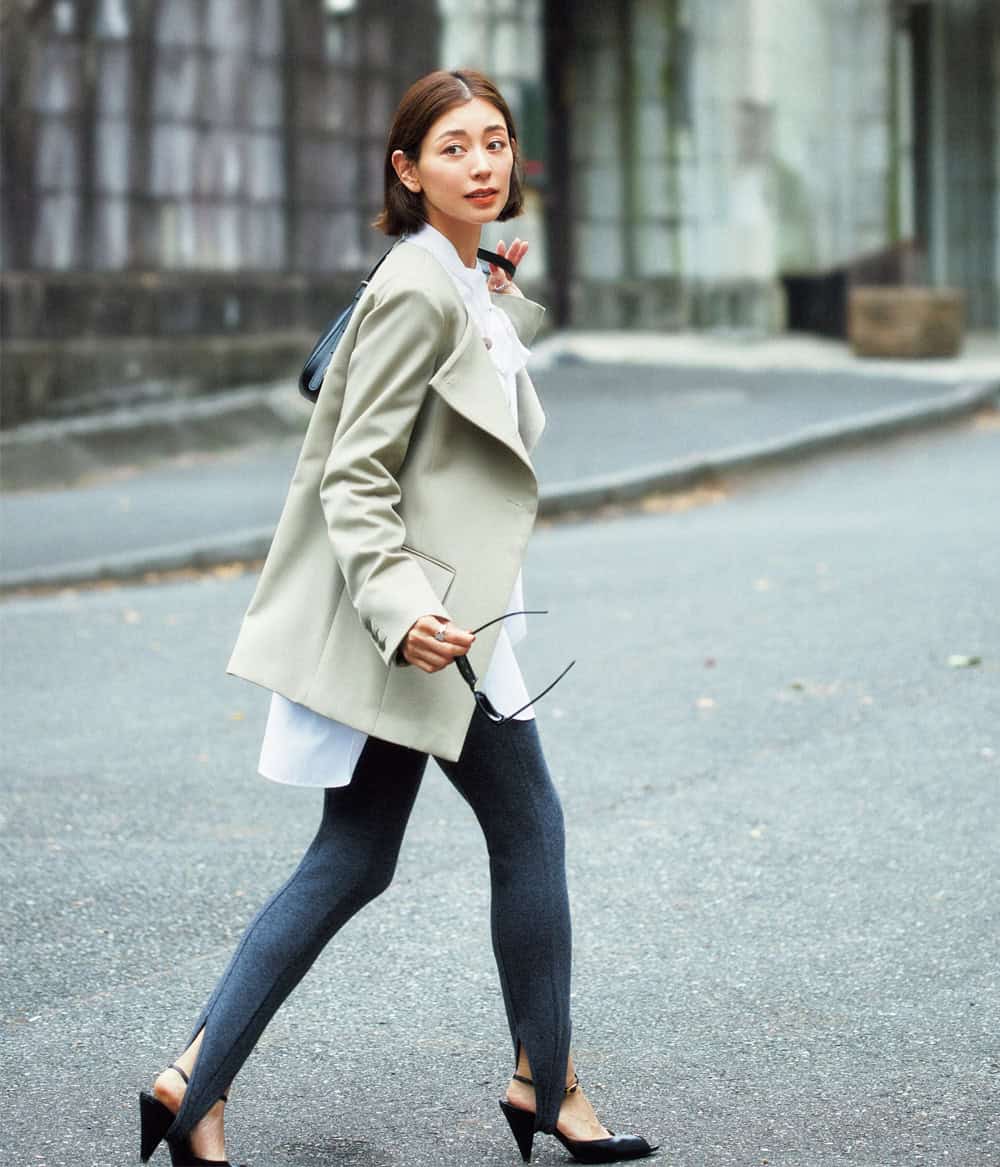 モデル 松本莉緒 デザインジャケット ボウタイブラウス トレンカ コーデ