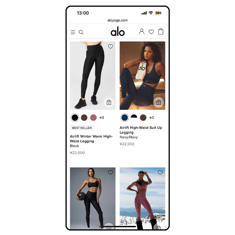 Alo Yogaの通販サイトの画面