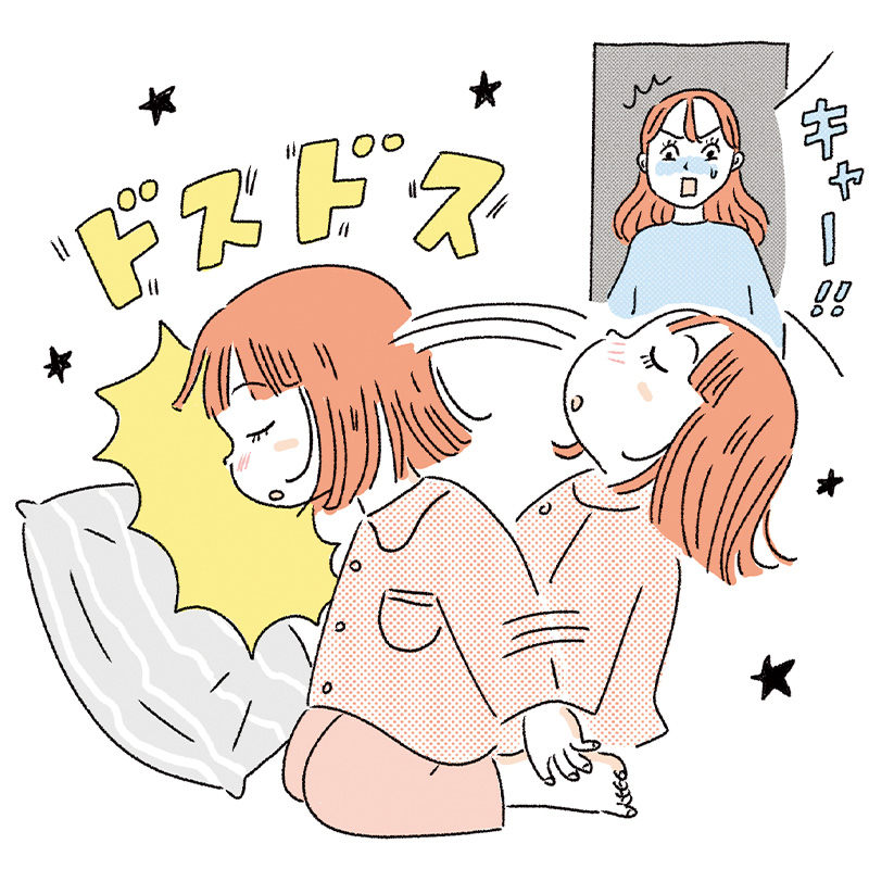 寝ながら枕に頭をぶつける女の子と驚くママのイラスト