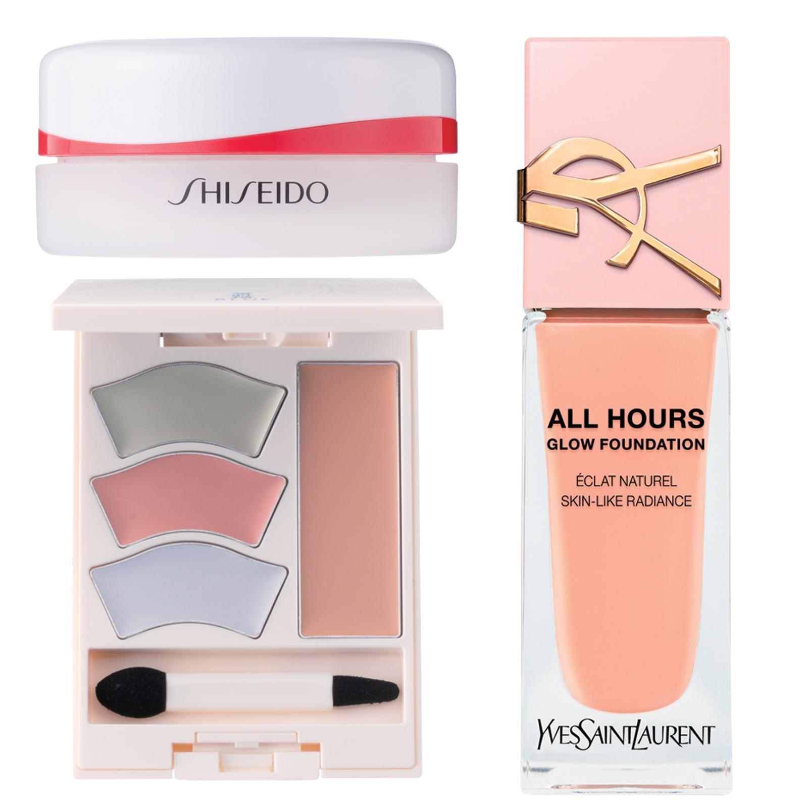 左上：SHISEIDO　エッセンス スキンセッティング パウダー 02、左下：コーセー　雪肌精 BLUE　メルティ マイ カラー バランサ ー、右：イヴ・サンローラン・ボーテ　オールアワーズ リキッド グロウ