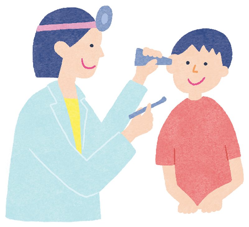 耳鼻科で医師に耳をチェックしてもらっている子どものイラスト
