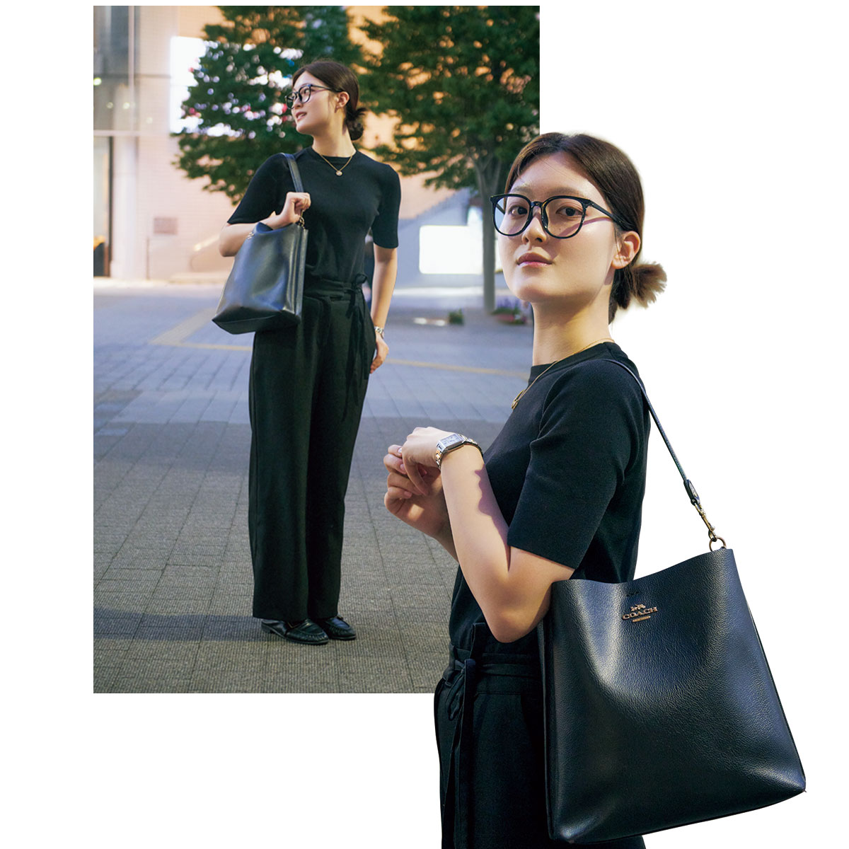 半袖ニットと黒パンツのオールブラックコーデ