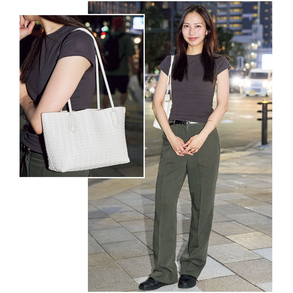 ブラウンTシャツとカーキパンツのコーデ