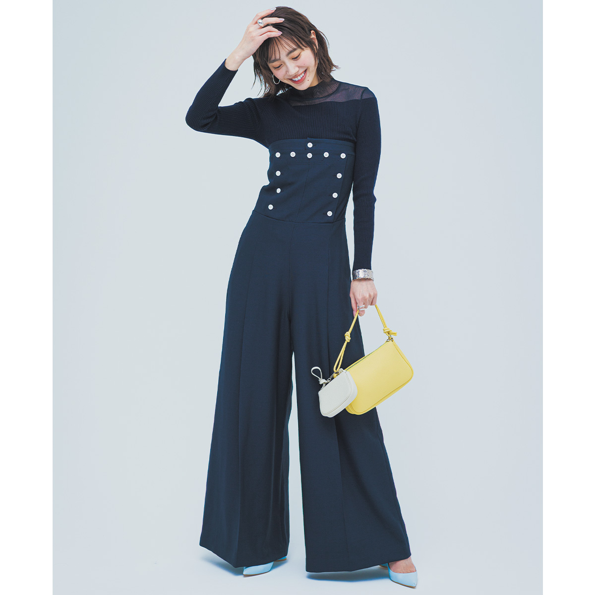 マリン風ベアトップジャンプスーツのコーデ,お呼ばれコーデ