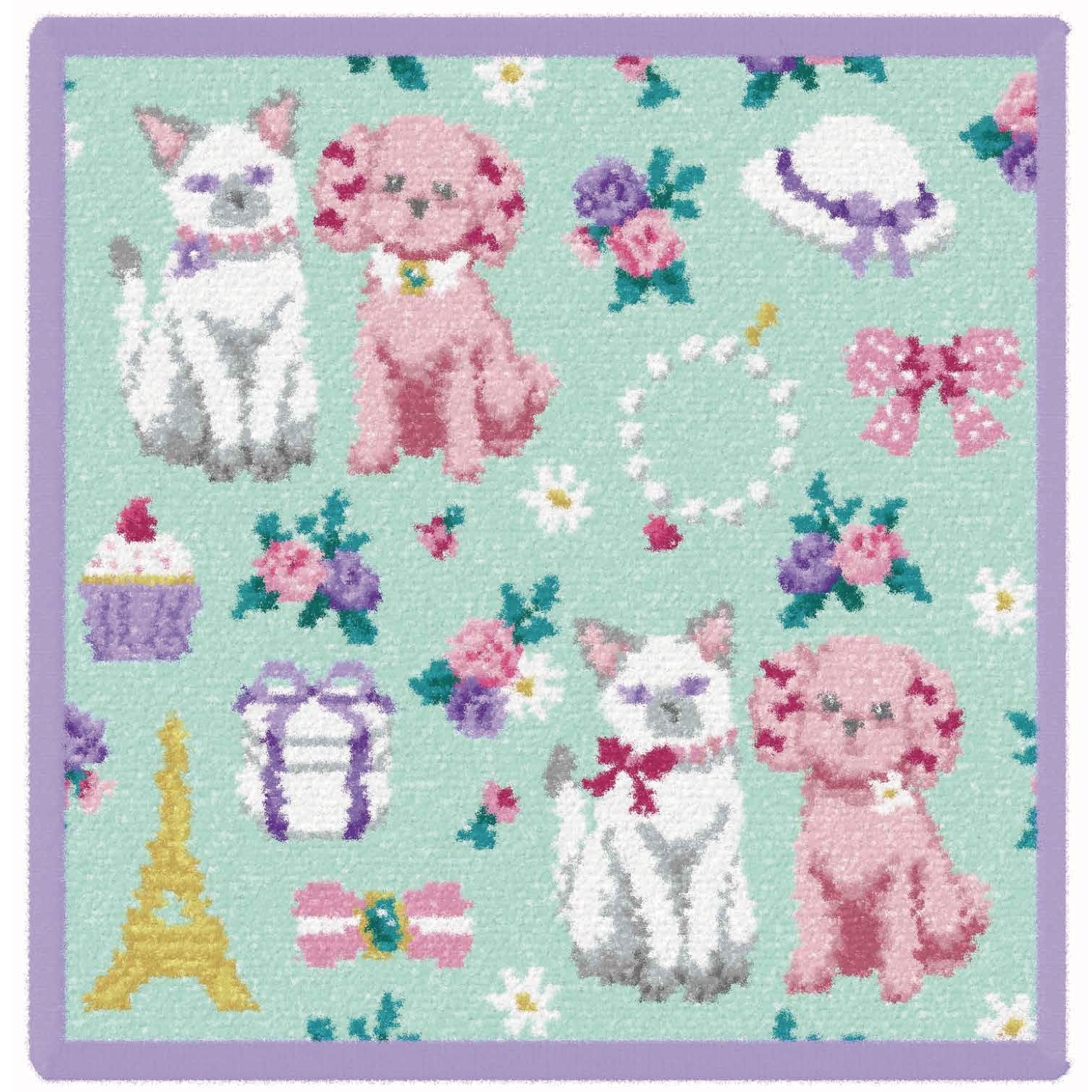 水色地にパープルの縁取り、犬と猫や花の柄のハンカチ