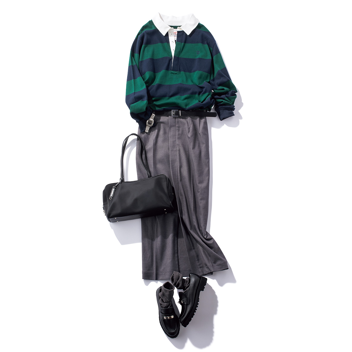 ラガーシャツとキレイめタイトスカートのコーデ