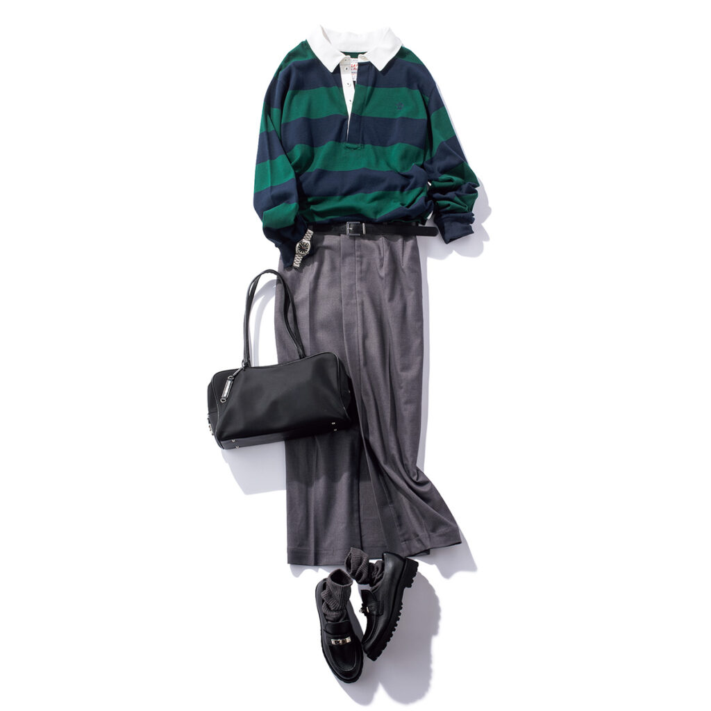 ラガーシャツとキレイめタイトスカートのコーデ