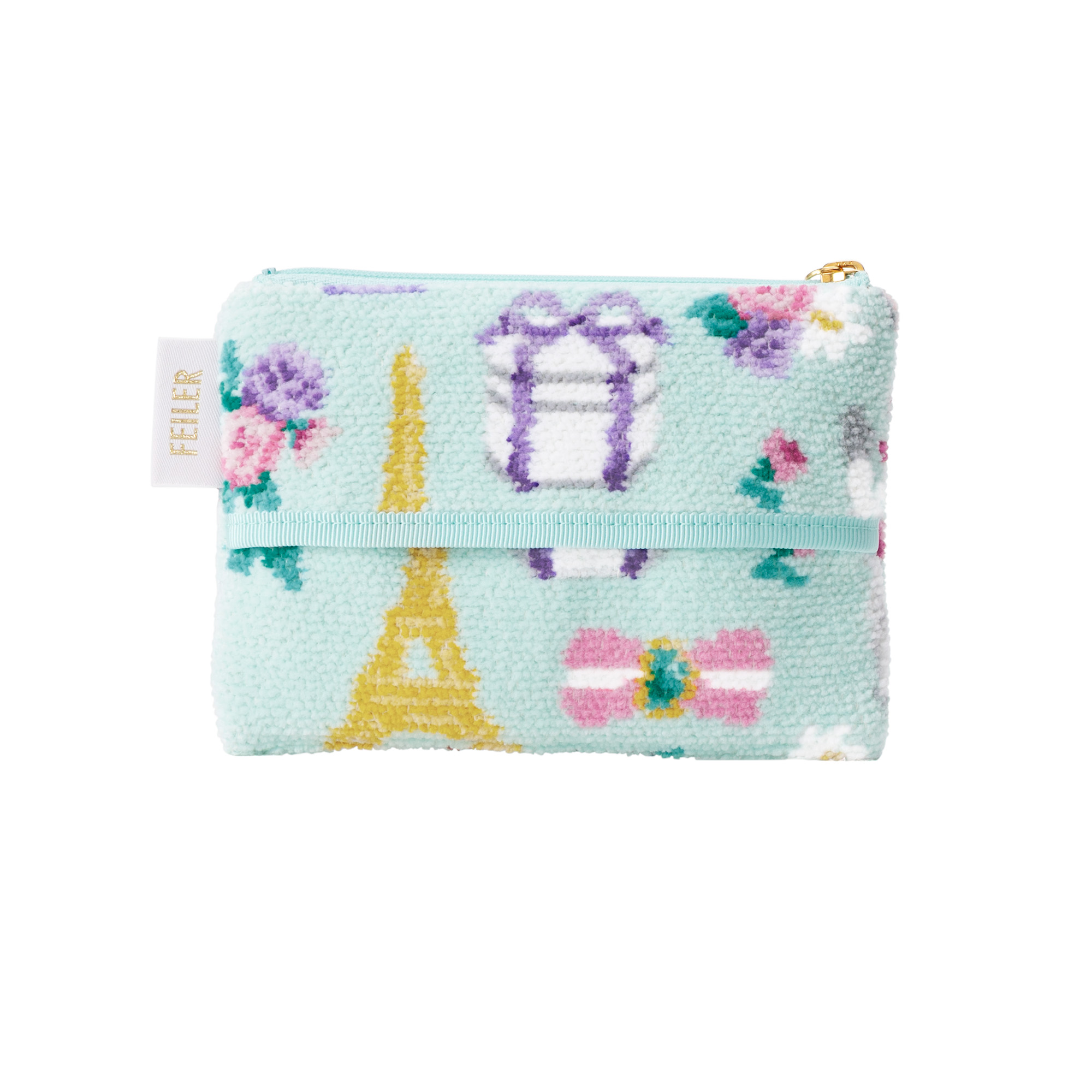 水色に犬と猫の柄のシュニール織のティッシュポーチ