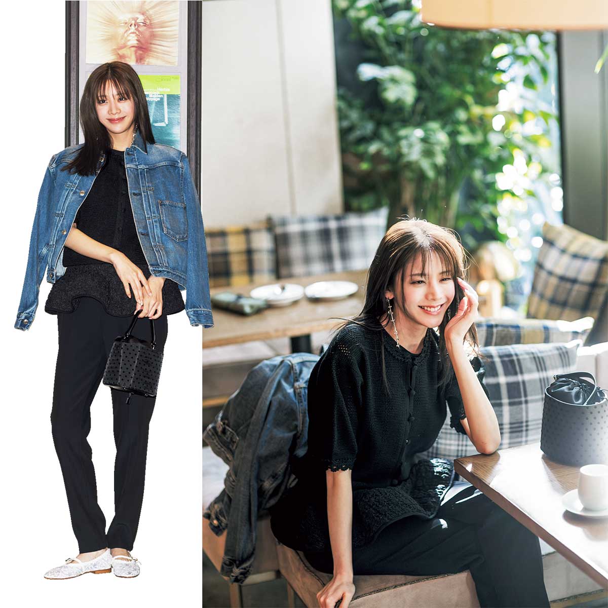 黒パンツにかぎ針編みのモチーフレースが可愛い半袖カーデを合わせたママ友ランチコーデ