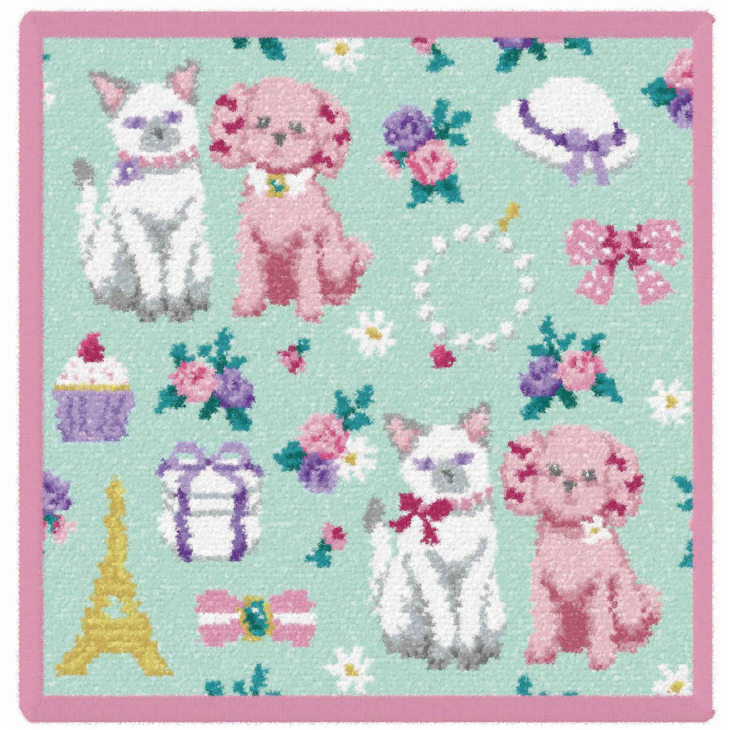 水色地にピンクの縁取り、犬と猫や花の柄のハンカチ