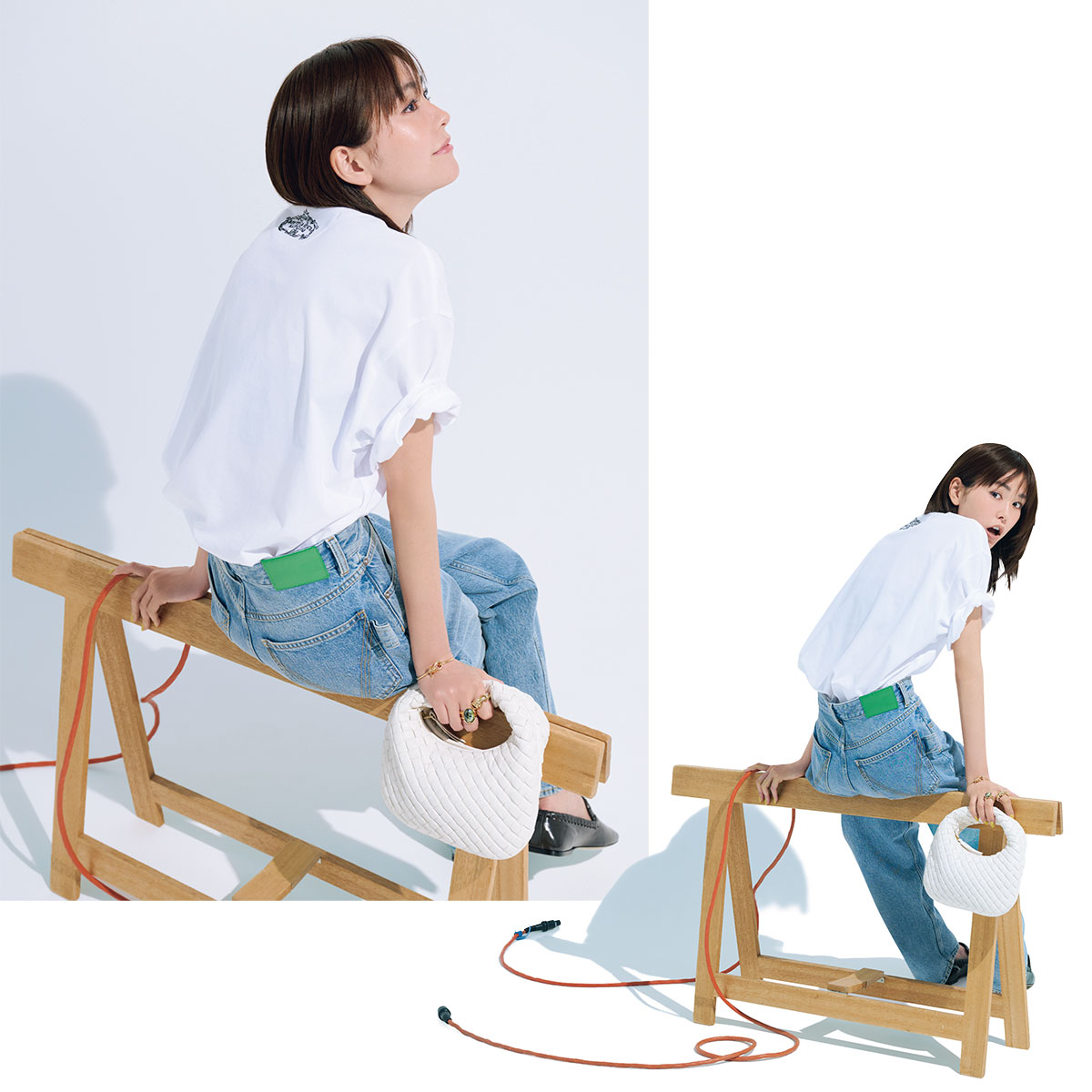 バッグロゴがさりげないボッテガヴェネタの白Tシャツをデニムで爽やかに着こなす桐谷美玲さん