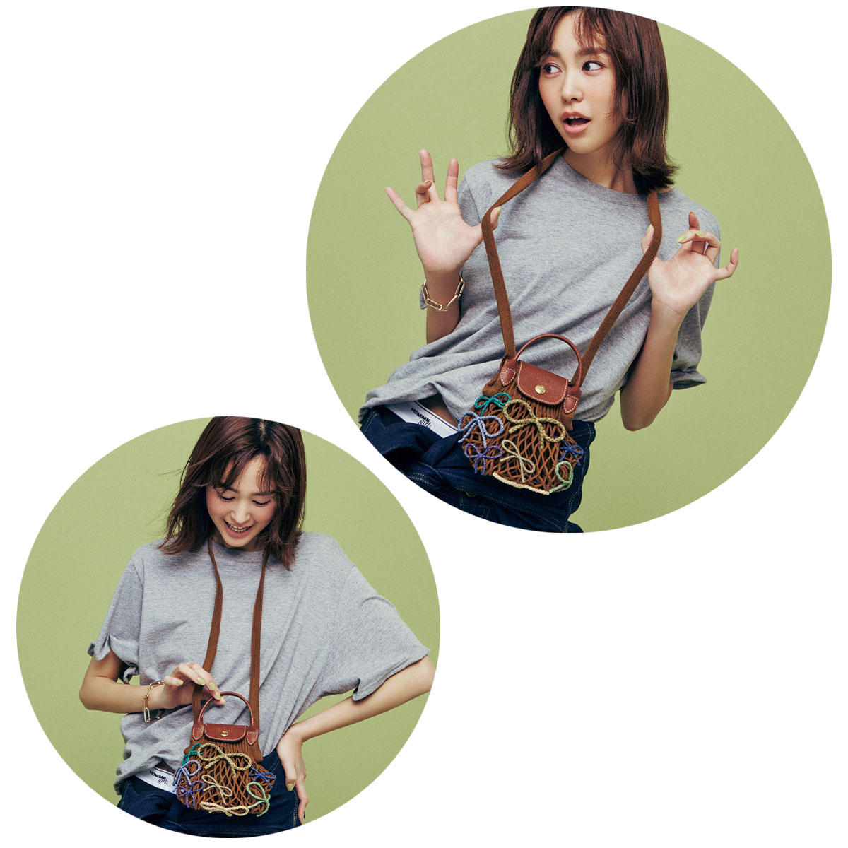 グレーのTシャツコーデに首からメッシュ＆ラフィアリボンのロンシャンのバッグを下げた桐谷美玲さん