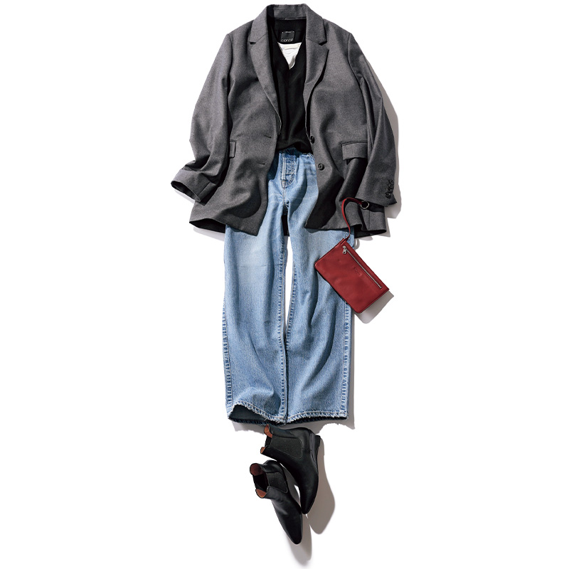 腰をお落としたデニムにビッグジャケットを合わせたデニムスタイル
