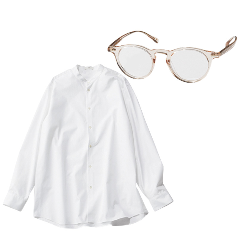 エイトンの白シャツ,オリバーピープルズのメガネ,クリアフレームメガネ