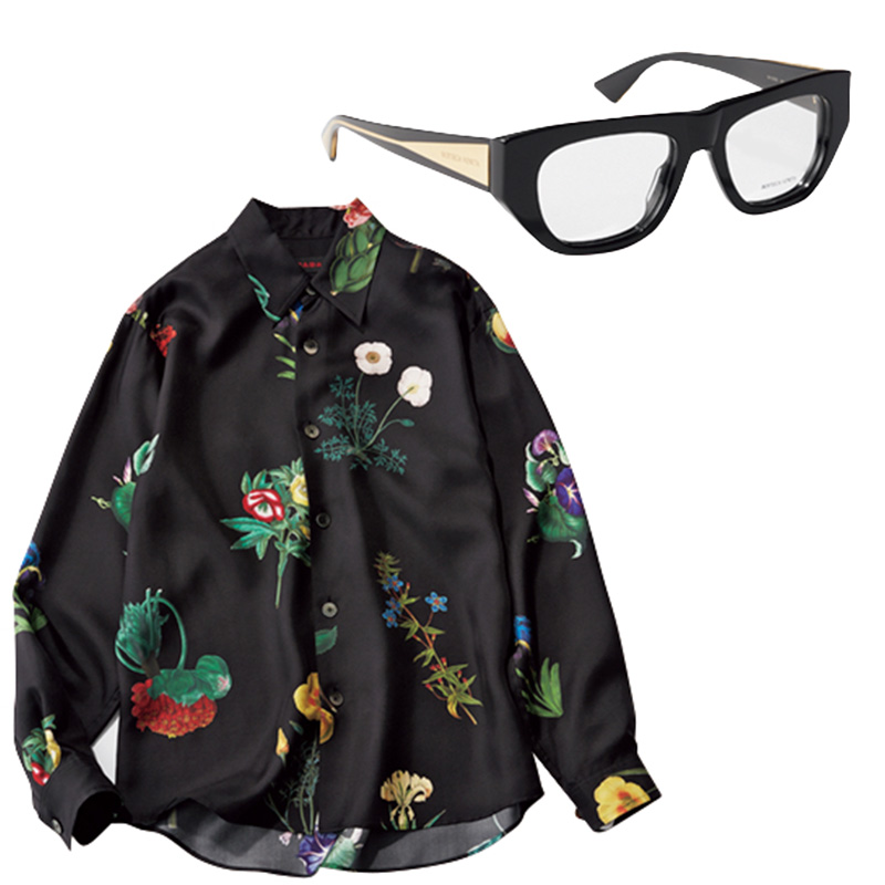 ボッテガ・ヴェネタのメガネ,黒縁メガネ,太フレームメガネ,CABaNのシャツ,柄シャツ