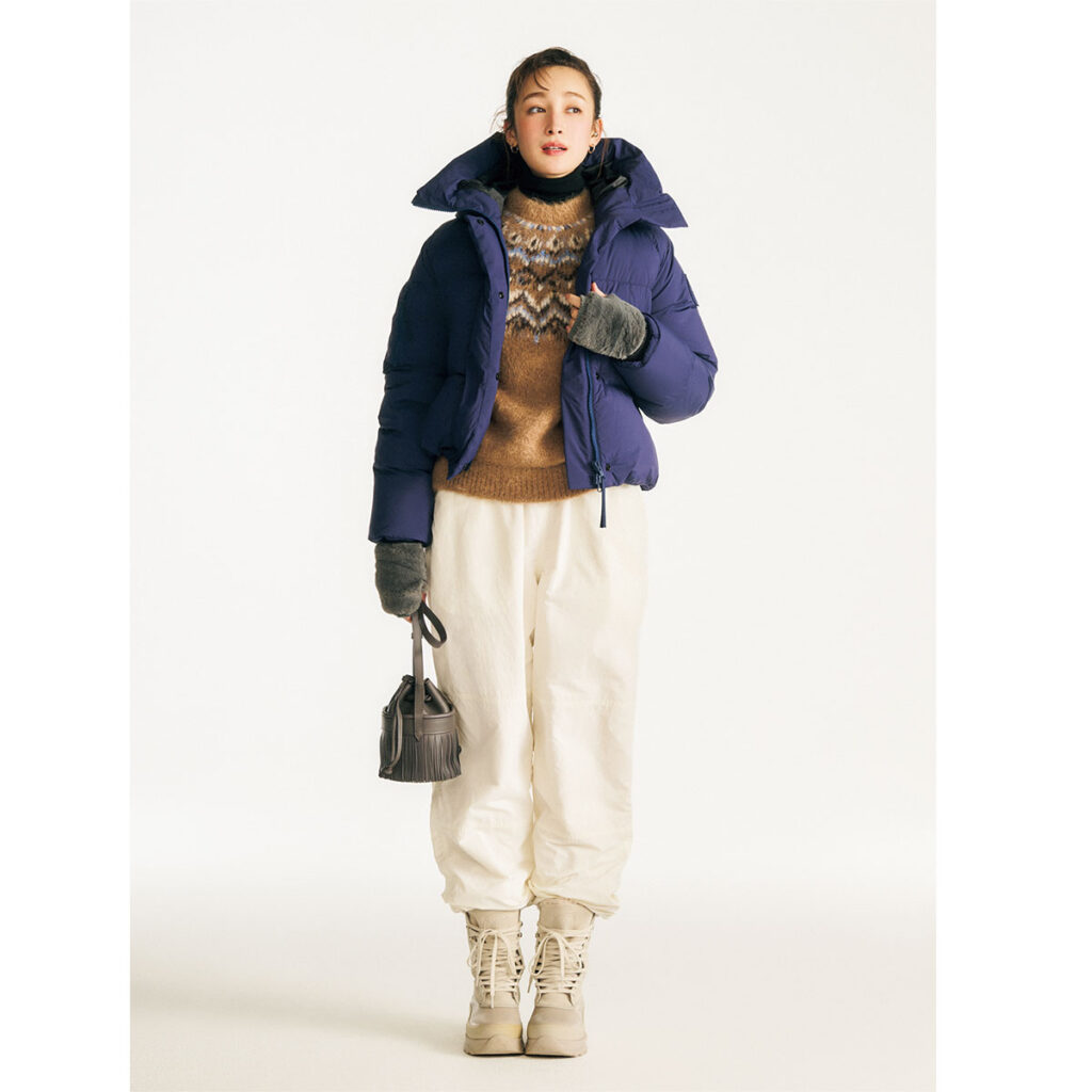 ノルディック柄ニットとジョガーパンツにスノーブーツの雪国旅コーデ