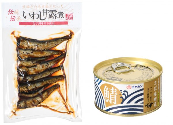 （左）平松食品 伝統伝承 無添加いわし甘露煮 95g ¥350、LOHACO（右）ミヤカン 三陸水揚げ無添加さば味噌煮 千切り生姜入り175g