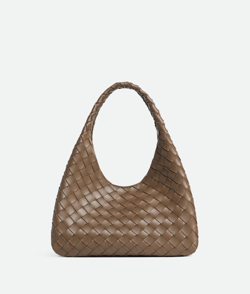 ボッテガヴェネタ スモール カンパーナ。イエローブラウンのイントレチャートレザーの編み込みハンドバッグ