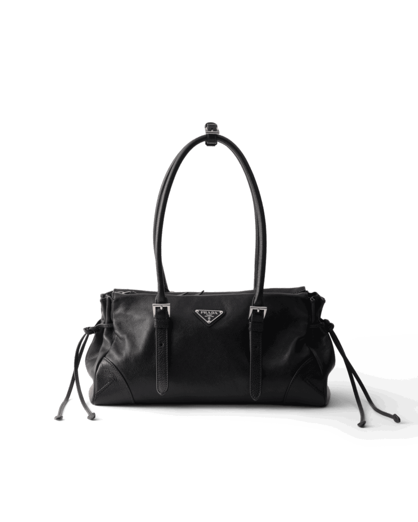 プラダ ボニー アンティーク加工レザー ミディアム トートバッグ。ブラックレザーのダブルハンドル仕様