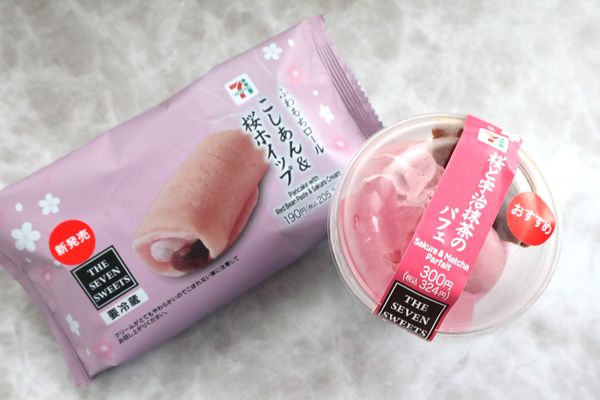 「ふわもちロール　こしあん＆桜ホイップ」と「桜と宇治抹茶のパフェ」