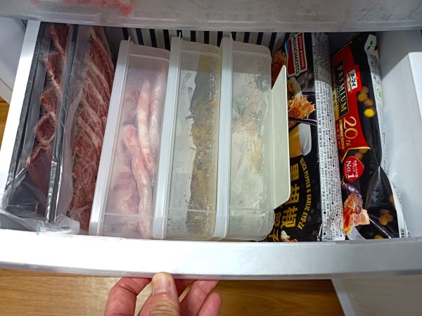 セリア「立てて置ける保存容器」を冷凍庫内で並べた図