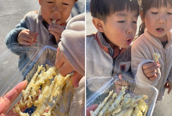 ワカサギの天ぷらを食べる