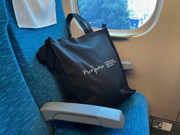 新幹線の座席に、バッグを置いているところ。