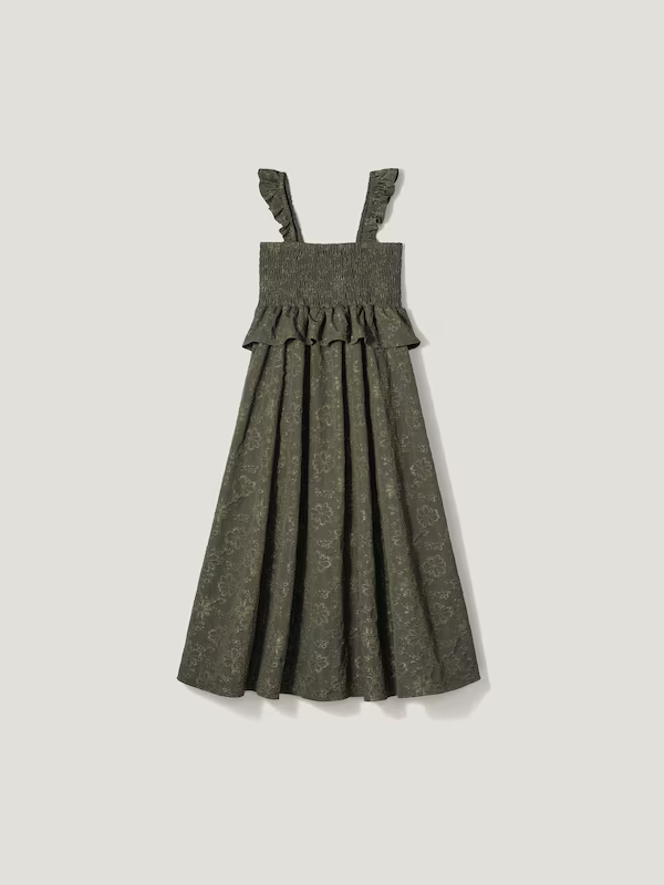 ジャガード素材のカーキのスモッキングワンピース