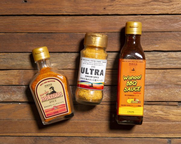 左：12/6に発売の新商品UMA! UMA! HARISSA SPICE 、中：THE ULTRA UMAMI SPICE 、右：Wahoo! BBQ SAUCE （すべてサーカス）