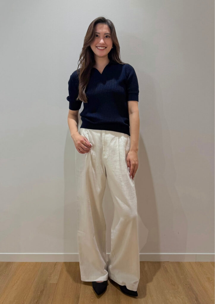 ユニクロユー新作リネンワイドパンツとポロニットセーターコーデ
