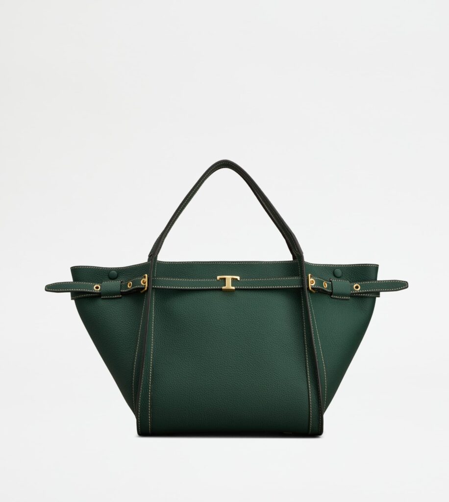 トッズ T タイムレス バッグ。ダークグリーンのカーフレザーにTメタル金具付きトートバッグ