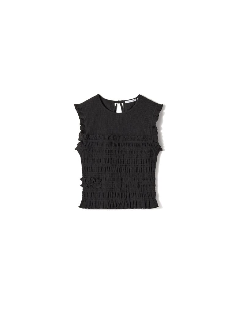 シャーリングとフリル、ボリュームスリーブの効いた黒のノースリーブTシャツ