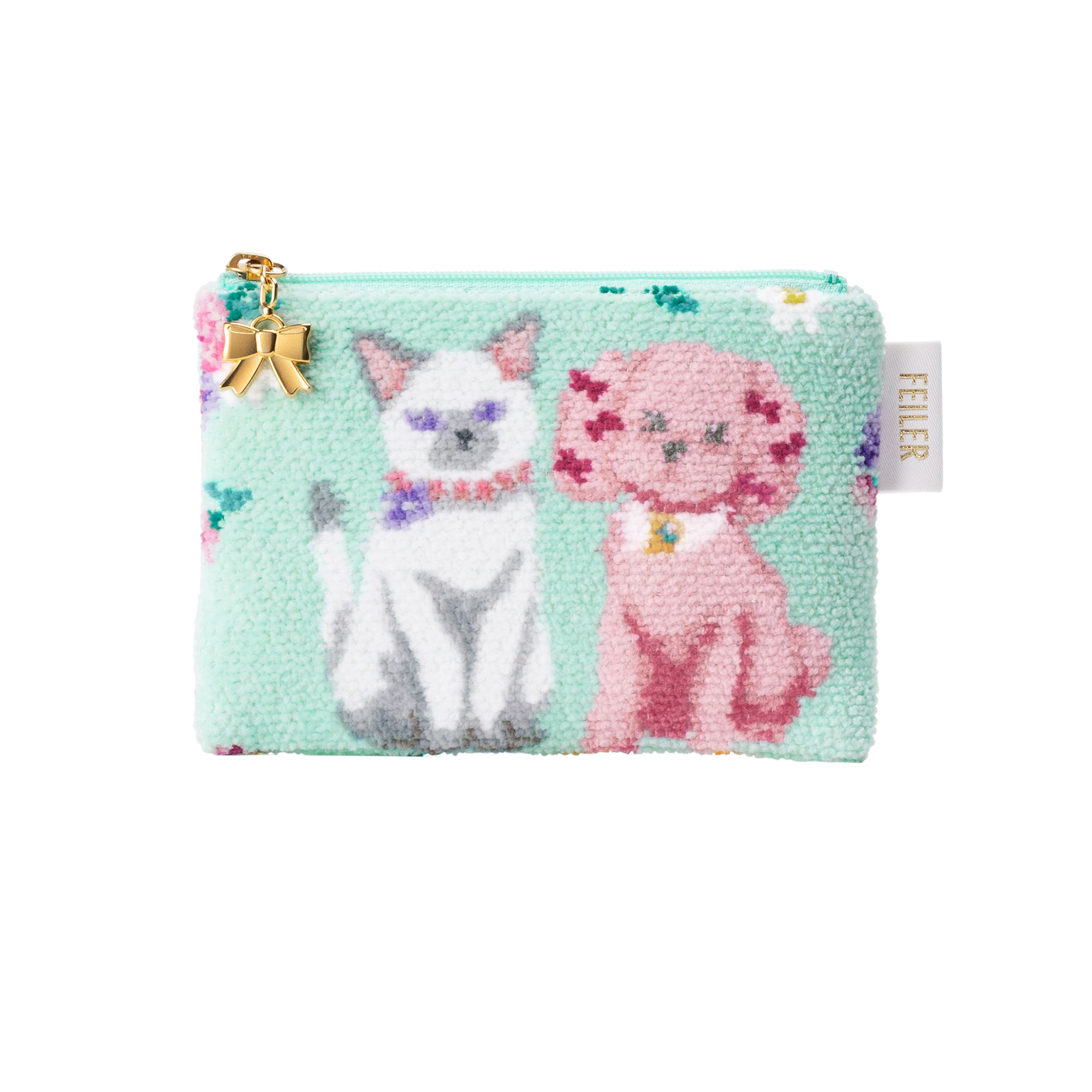 水色に犬と猫の柄のシュニール織のティッシュポーチ