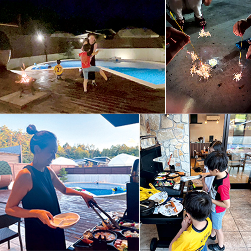 青木裕子さんがプライベートヴィラグランピング富士山中湖でBBQや花火を楽しむ様子