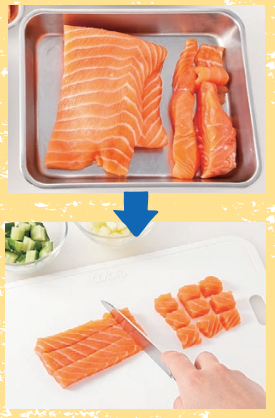 サーモンの切り方を写真で解説。薄い部分は小さく切ってちらし寿司に。