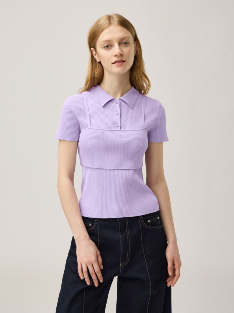 ビスチェがセットになったリブニットのポロシャツ