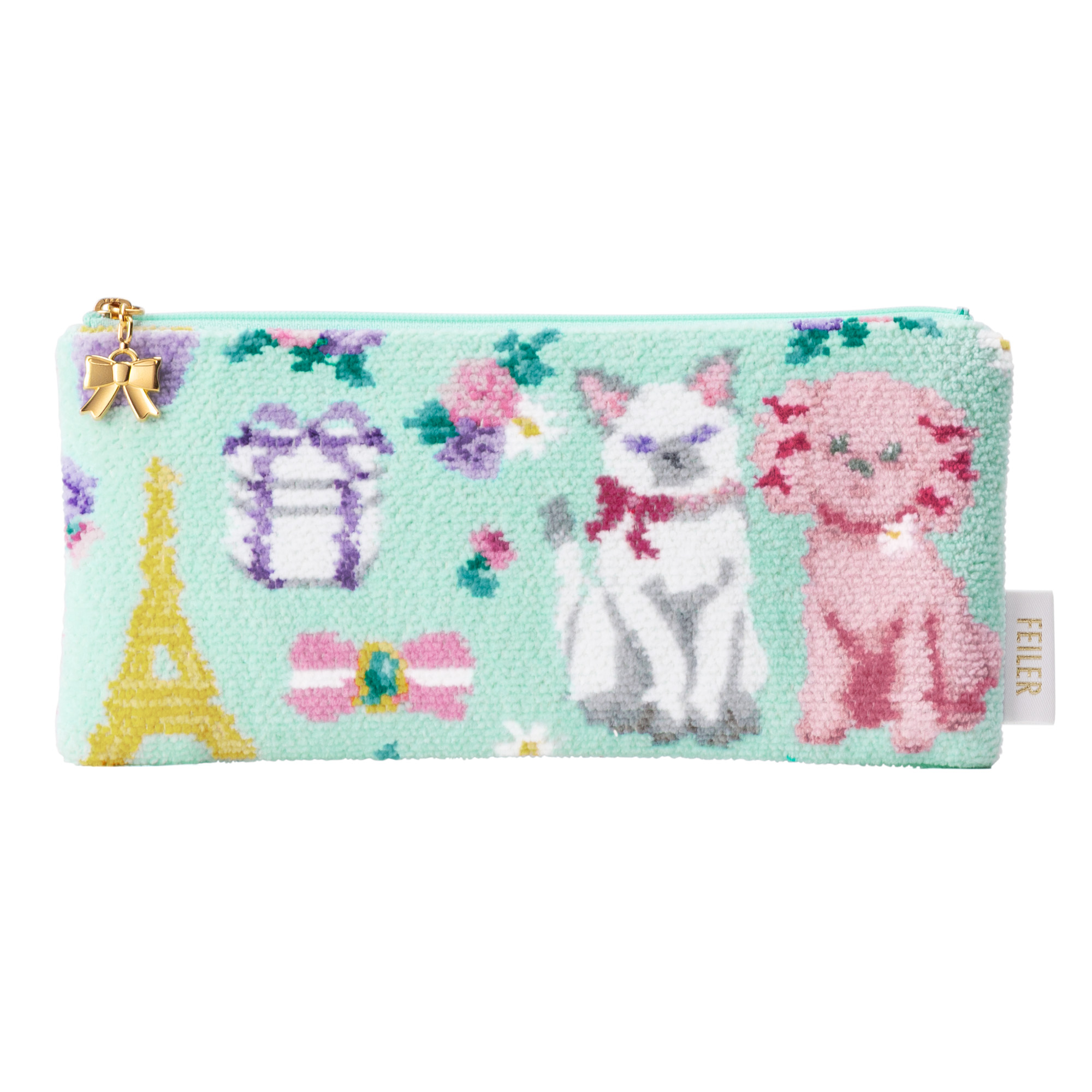 水色に犬と猫の柄のシュニール織の長方形のポーチ